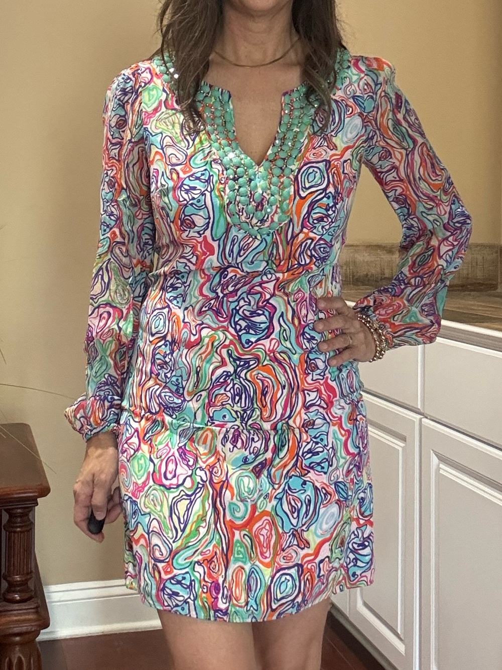 LILLY PULITZER | Embellished Seamus Print Silk Shift Dress Long Sleeve Women’s 0